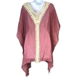 Highness Boho Crochet Detail Cover Up Top Short Kaftan Poncho Pink OS Swim Pool